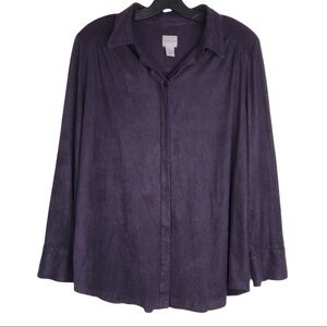 Chico’s Faux Flowy Suede Plum Blouse Long Sleeve Button Down Purple Shirt LARGE